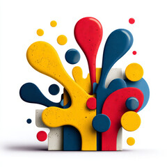 Abstract sculptural composition of primary color paint splashes with geometric arrangement