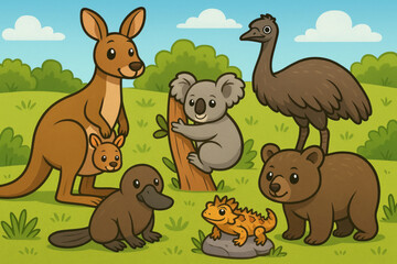 Naklejka premium Kangaroo leading group of animals in field.