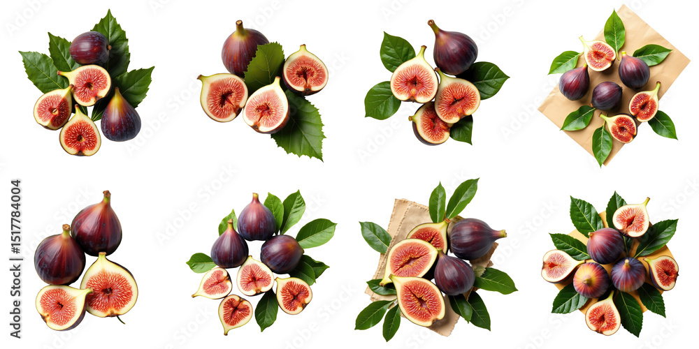Poster fig fruits with green leaves and sliced pieces arranged on a craft background in a flat lay composit