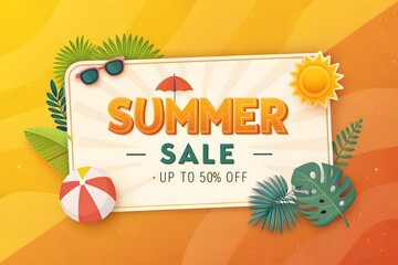 Summer Sale Discount Poster with Tropical Background, Bright Colors, and Modern Typography