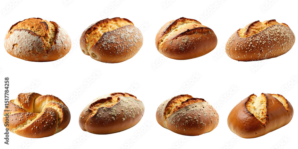 Poster variety of artisanal bread rolls arranged in two rows with different textures and toppings against a