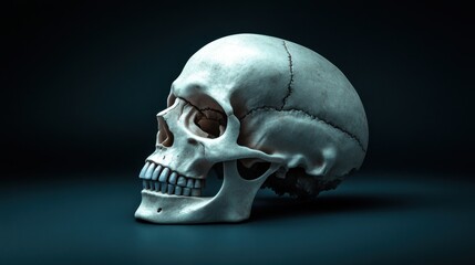 A detailed human skull with visible cracks displayed on a dark background, symbolizing mortality and anatomical study.
