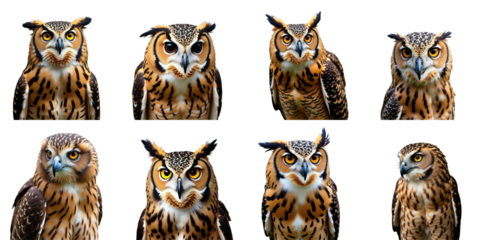 Multiple close-up portraits of Eurasian eagle owls displaying various expressions and angles on a transparent background. Detailed feather patterns and striking eyes.