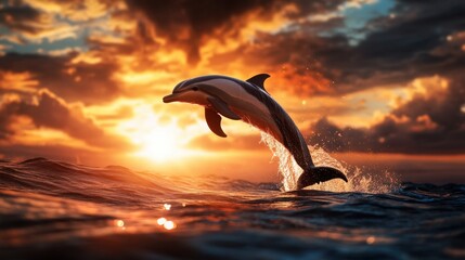 Fototapeta premium A dolphin leaps gracefully above ocean waves at sunset, with vibrant orange and yellow sky creating a stunning natural scene.
