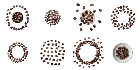 Coffee beans arranged in circular patterns on a transparent background with a transparent backdrop, showcasing various layouts and configurations for design use.