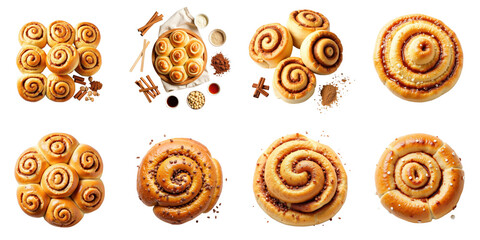 Assorted freshly baked cinnamon rolls displayed from top view on a transparent background with ingredients including cinnamon, nuts, and icing for an appealing presentation.