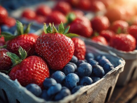 Farmer's market concept featuring colorful medley of berries. Fresh strawberries and blueberries in rustic baskets on a wooden surface