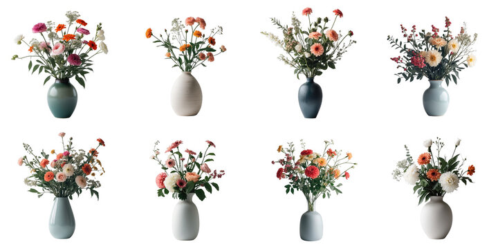 Various flower arrangements in vases with different colors and styles isolated on a transparent background showcasing a range of floral designs and vase shapes