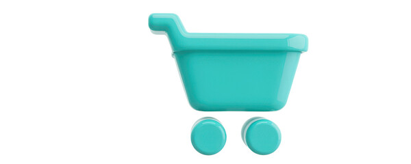 plastic shopping cart icon in glossy teal blue, simplified basket shape with rounded wheels, floating on white background, ideal for e commerce ui.