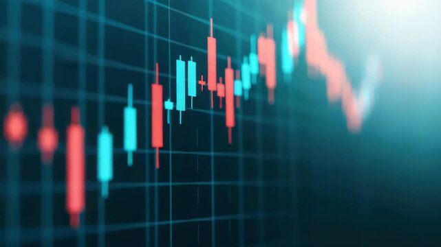 Stock market chart with glowing candlestick graph, financial data analysis, blue background, investment and trading trends, economic growth, digital financial chart, stock market graph, investment