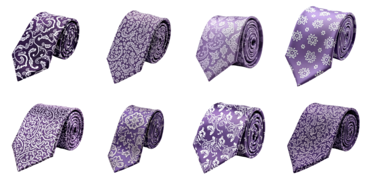 Collection of elegant purple ties featuring various floral paisley patterns. Display of rolled and flat ties on a transparent background, showcasing different designs and textures.