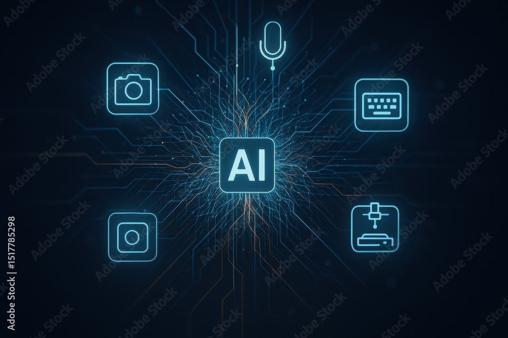 Poster multimodal ai technology showcasing interactions between visual, audio, and text data in a digital e