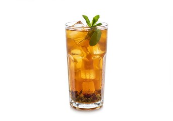 Refreshing iced tea with mint leaves in a tall glass on a white backdrop