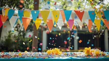 Fototapeta premium Festive Graduation Party Table Setting with Colorful Banners and Confetti Decorations