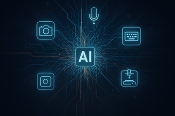 Multimodal AI technology showcasing interactions between visual, audio, and text data in a digital environment