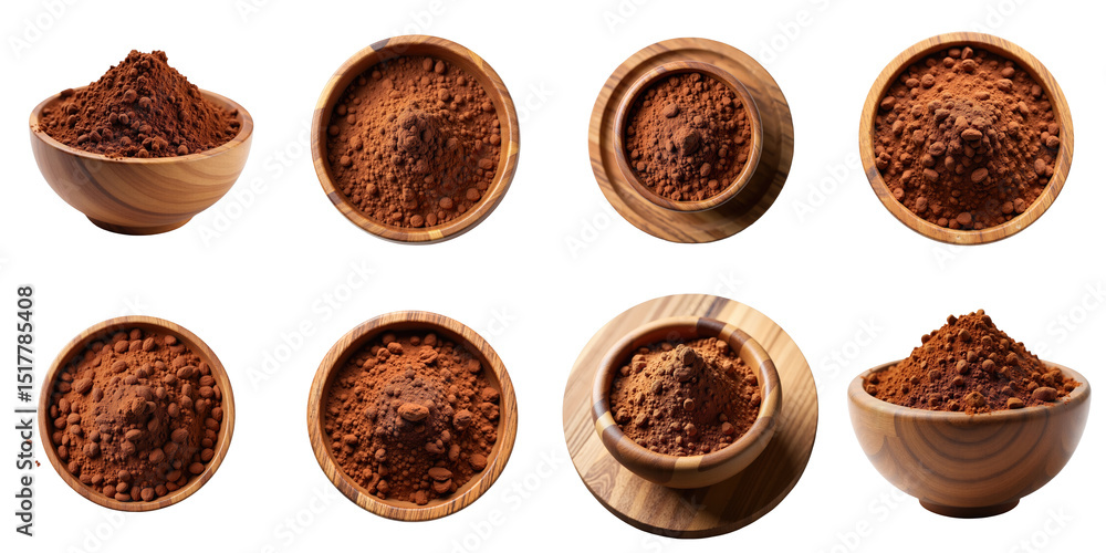 Poster assortment of cocoa powder in wooden bowls on a transparent background showcasing various textures a