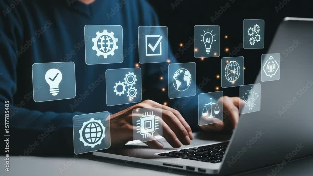 Poster Person using laptop with digital icons floating above the keyboard and hands in the foreground view
