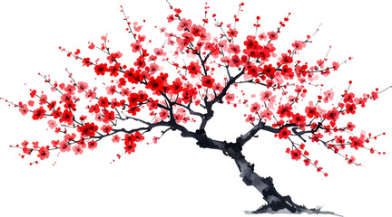 Bright red cherry tree with flowers and leaves on the branches
