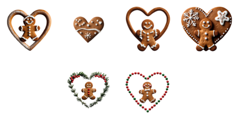 Gingerbread cookies in heart shapes and festive designs featuring smiling gingerbread figures and decorative icing isolated on transparent background