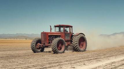 Obraz premium A vintage tractor with iron wheels and a classic design working through a dusty field, with clear skies above and distant mountains in the background.