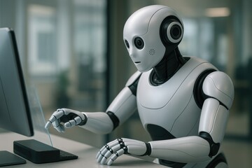 Multimodal AI robot working at a computer in a modern office setting focusing on advanced technology development