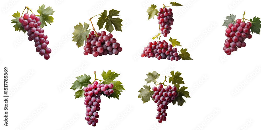 Poster various clusters of red grapes with green leaves isolated on a transparent background displaying dis
