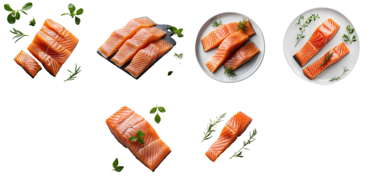 fresh raw salmon fillets arranged on a transparent background with herbs on a cutting board and white plates isolated on a transparent background