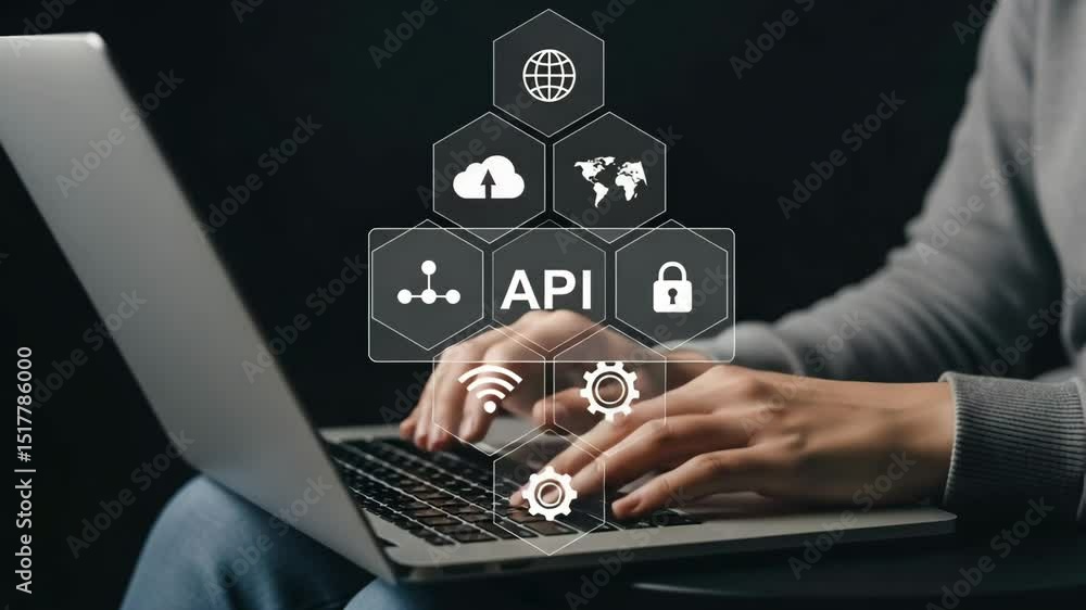 Poster Person typing on a laptop with api and networking icons overlaid on the image in the foreground