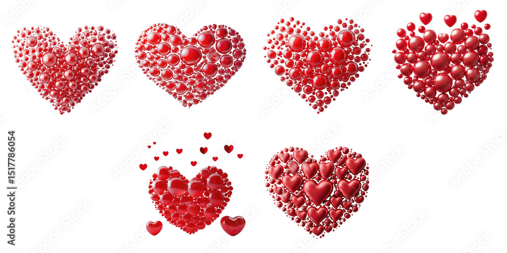 Poster collection of red heart shapes made of glossy bubbles on a transparent background featuring various 