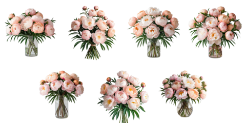 Bouquet of light pink and peach peonies arranged in various styles with lush green leaves in clear glass vases isolated on transparent background for design use