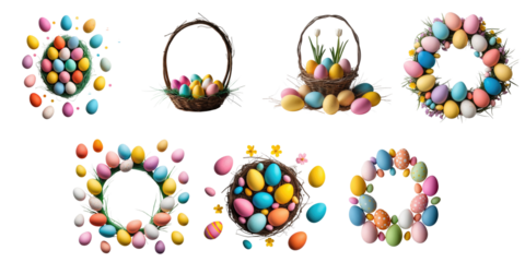 Easter egg collection featuring assorted colorful eggs arranged in various styles including baskets and decorative wreaths on a transparent background