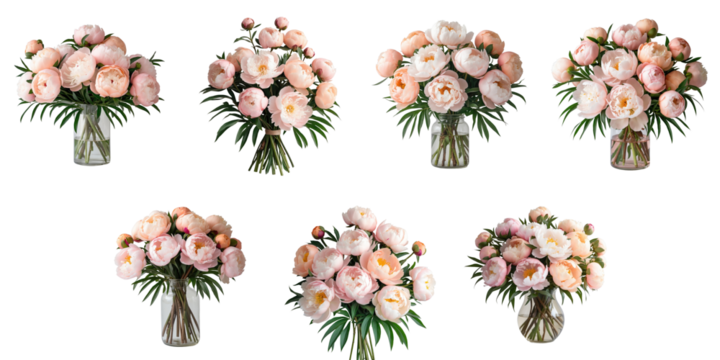 Bouquet of light pink and peach peonies arranged in various styles with lush green leaves in clear glass vases isolated on transparent background for design use