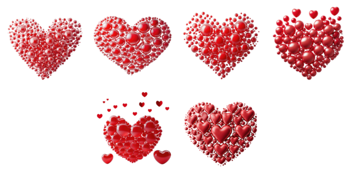 Collection of red heart shapes made of glossy bubbles on a transparent background featuring various sizes and arrangements suitable for Valentine's Day and romantic themes