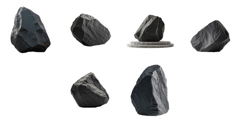 transparent textured rock formations arranged in various orientations on a transparent background showcasing unique geological features and rugged surfaces.