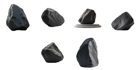 transparent textured rock formations arranged in various orientations on a transparent background showcasing unique geological features and rugged surfaces.