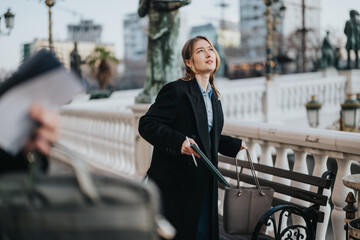 Business professional engaged in an outdoor urban conversation on a brisk day.