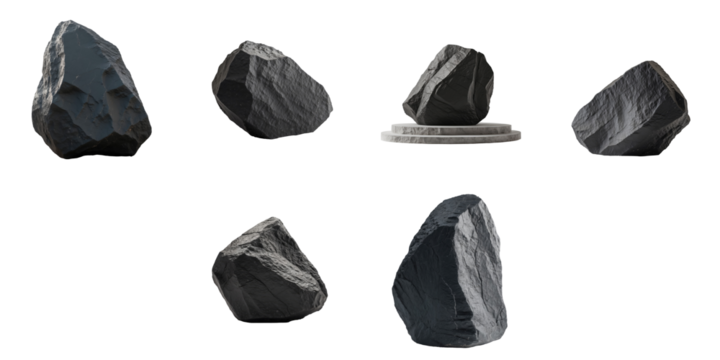 transparent textured rock formations arranged in various orientations on a transparent background showcasing unique geological features and rugged surfaces.