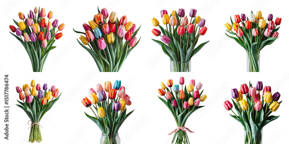 Poster assorted vibrant bouquets of tulips in various arrangements isolated on a transparent background ide