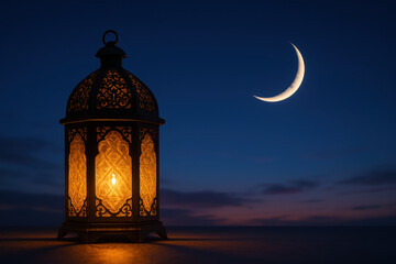 Crescent moon shines above lantern in the night sky.