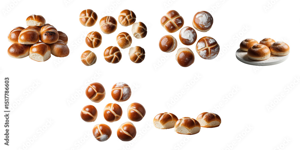 Poster assorted freshly baked buns in various shapes and sizes arranged on a transparent background, showca