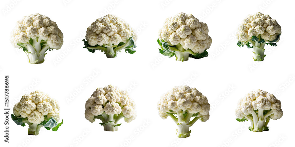 Poster fresh cauliflower vegetable in multiple views isolated on transparent background, detailed texture a