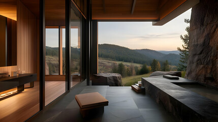 Modern Mountain Home Interior With Sunset View
