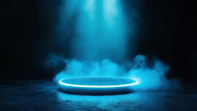 Futuristic blue neon round stage with glowing light and smoke, empty dark background, illuminated podium and dramatic atmosphere, perfect for product display or performance showcase