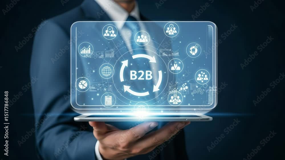 Poster Man holding tablet displaying b to b with icons and arrows in a dark blue business setting