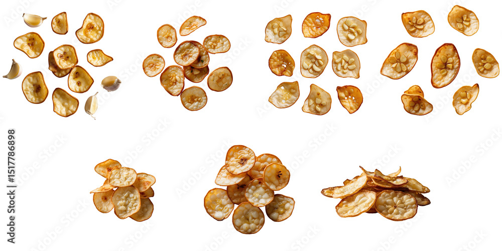 Aufkleber fried garlic chips arranged in various groups on a transparent background showcasing different sizes