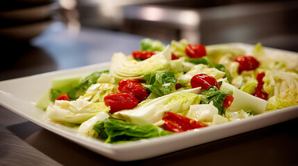 Fresh romaine lettuce salad with cherry tomatoes on a white plate