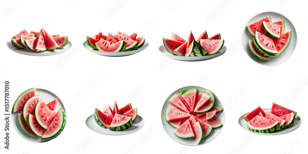 Poster assorted watermelon slices arranged on various plates isolated on a transparent background showcasin