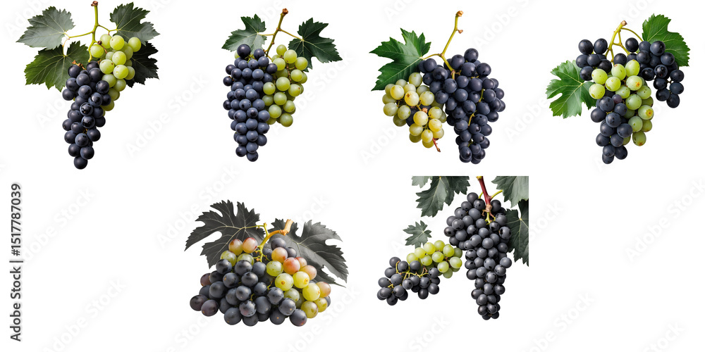 Poster various bunches of green and transparent grapes with leaves arranged in multiple angles, isolated on
