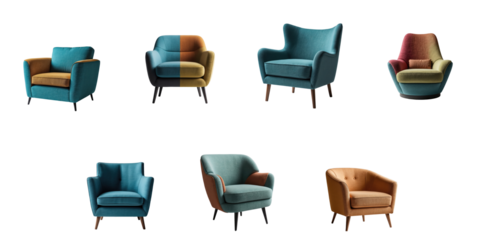 Collection of modern designer armchairs featuring diverse colors and textures on a transparent background, showcasing eight unique styles with distinct designs and shapes.