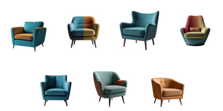 Collection of modern designer armchairs featuring diverse colors and textures on a transparent background, showcasing eight unique styles with distinct designs and shapes.